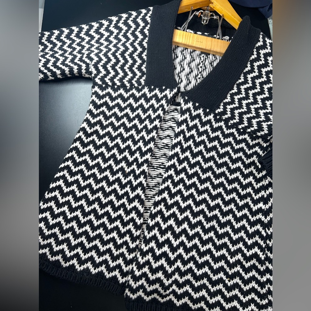 Willi Smith Black & White Chevron Collared Open Cardigan Sweater Size Large EUC